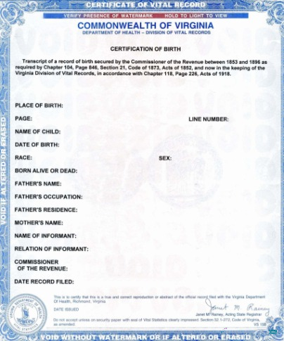 Download United States Commonwealth of Virginia birth certificate Photoshop template